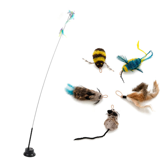 Hands Free Cat Teaser Wand Set, Suction Cup Bird Teaser with 5 Real Fur Attachments